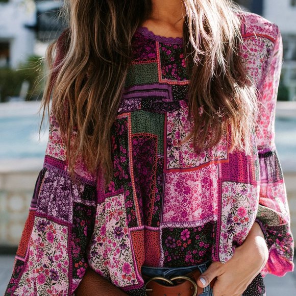 Private Label Tops - Rose Bohemian Floral Print Patchwork Tunic Top